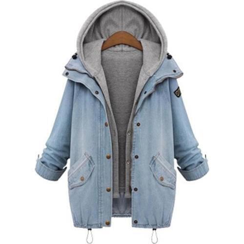 Blue Hooded Drawstring Boyfriend Trends Jean Swish Pockets Two Piece Outerwear Women Long Sleeve Buttons Coat