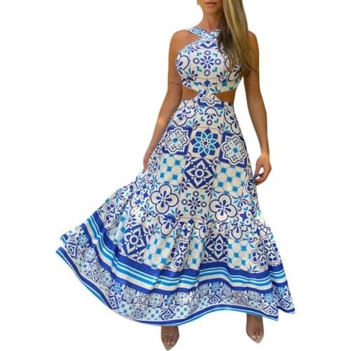 Dress Sets Women Summer Sexy Halter Neck Backless Vintage Print Dress Sleeveless Holiday Beach Long Dress 2021 Woman