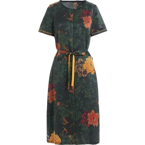 Gowani Summer Retro flower printed Chinese style Silk short sleeve Dress with belt plus size