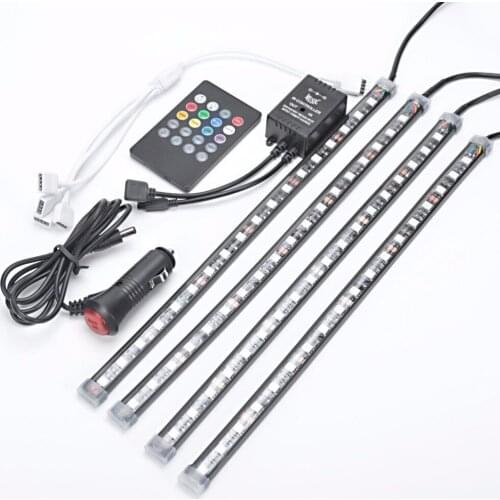 4 pcs 12" 8 Color 5050 18 SMD Wireless RGB Sound-activated Interior LED Light Strip + IR Remote Control + Car Charger