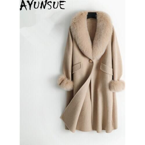 AYUNSUE 2020 Winter Jacket Women Fox Fur Collar Real Wool Coat Female Jacket Double Side Cashmere Woolen Coats Korean Jacket MY