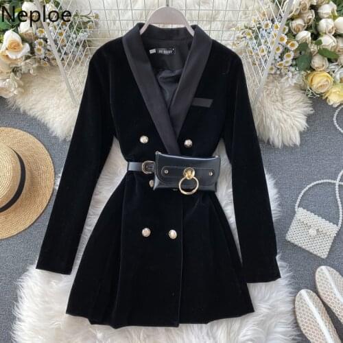 Neploe Velvet Eleganr Women Jacket Black Double Breasted Elegant Black Mujer Chaqueta 2021 Spring Clothes with Belt Femme Coat