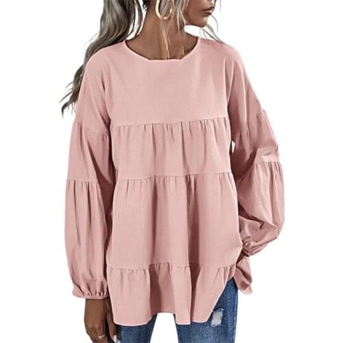 Fashion Women Blouse Solid Color Ruffles Patchwork Spring Autumn Lantern Sleeve O Neck T-shirt Streetwear