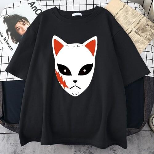 Demon Slayer Fox Mask T-shirts Mens Funny Cartoon Print Tee-Shirt Summer Oversized Tops Loose O-Neck Comfortable T Shirts Womens