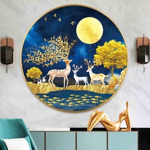 Golden Tree Landscape Printed Water-Soluble Canvas 11CT Cross Stitch Fortune Deer Patterns Embroidery DMC Cross-stitch
