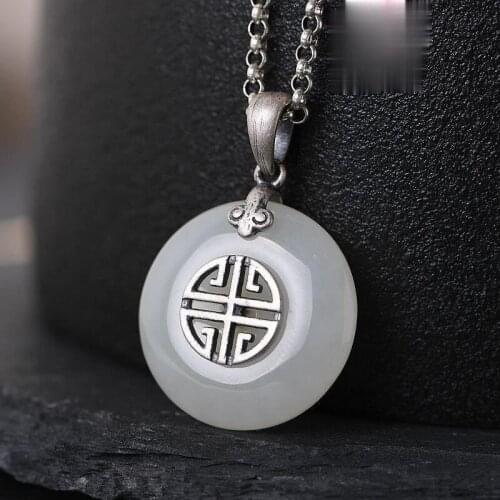 Natural Hetian White Jade Ring Pendant Necklace Chinese Style Retro Elegant Fresh Light Luxury Charm Womens Silver Jewelry