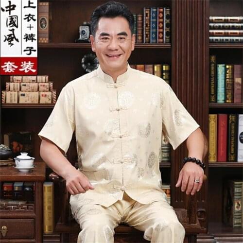 Summer middle-aged Tang suit men silk blazer masculino short sleeve casaco jaqueta masculina buckle coats mens jacket dad wear