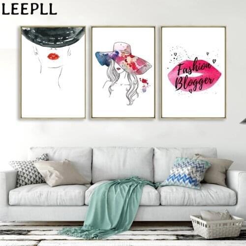 Fashion Wall Art Poster Perfume Lips Make Up Canvas Painting Abstract Hat Girl Pictures for Modern Living Room Home Decor