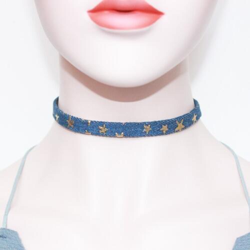 Fashion Womens Choker made by Deep Blue Jeans Cloth with Gold Stars SGL1022