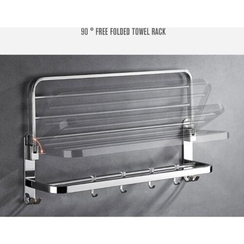 X7AB Stainless Steel Wall Mounted Foldable Bath Towel Rack Rail Holder Storage Shelf with 4 Sliding Hooks Punch-Free Bathroom
