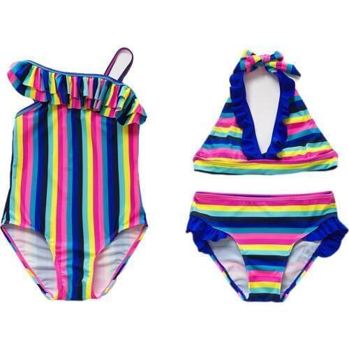 New 2019 Girls swimwear 5~14Years Girls falbala Swimsuit Teenager Kids Beachwear Colorful Strips Children swimwear-ST188/189