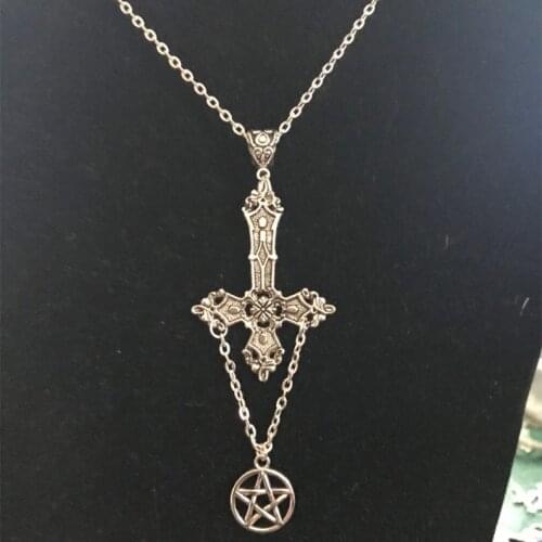 Silver Colour Inverted Cross Pentagram Necklace Satanic Occult Alternative Grunge Jewellery Down Gothic Charm Punk Men Women