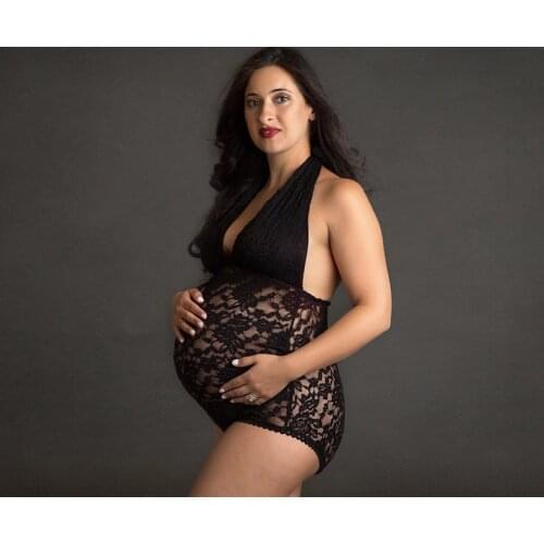 Sexy Summer Lace Maternity Bodysuits V-neck Halter Lace Maternity Photography Bodysuits Pregnancy Photo Shoot Jumpsuits Stretchy