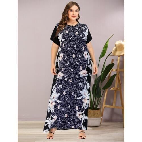 Loose Oversized Muslim Dress Plus Size 2020 Summer O Neck Short Sleeve Floral Print Casual Dress Ladies Tunic Maxi Long Dresses