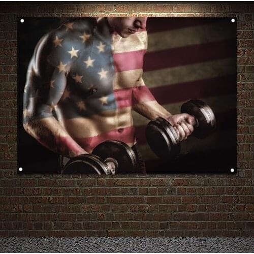 Workout Banner Wall Art Double Exposure of A Young Muscular Man With Dumbbells Poster Vintage American Flag Tapestry Gym Decor