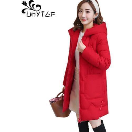 UHYTGF Women winter coats Hooded down jacket casual warm tops outerwear Elegant female loose 3XL plus size coat parkas mujer 908