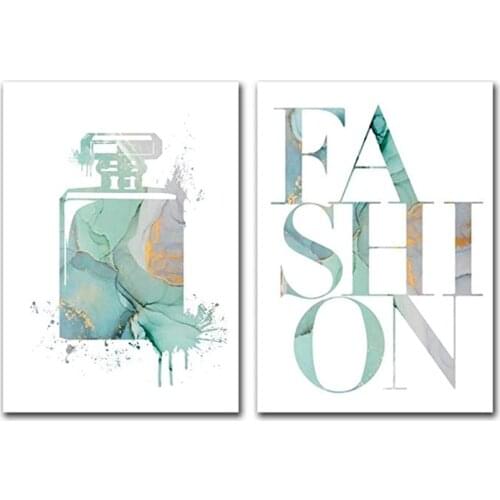 Green Fashion Perfume Bottle Art Poster Splash Ink Canvas Painting Home Decor for Living Room Bedroom Sofa Background Wall Decor