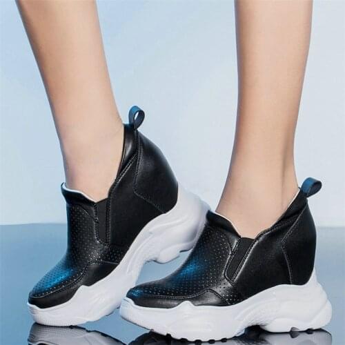Casual Shoes Women Genuine Leather Platform Wedges High Heel Ankle Boots Female Round Toe Fashion Sneakers Breathable Creepers