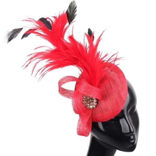 Women Elegant Sinamay Red Fascinators Fancy Feathers Millinery Hats For Ladies Bride Headpiece Party Tea Royal Hair Accessories