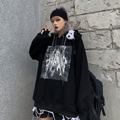Women Hoodies Black Gray Chain Print Loose Hooded Sweatshirt Harajuku Tops Pullover Plus Size Streetwear Spring Autumn Winter