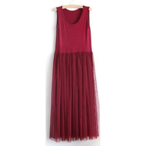 Women 2018 Summer Sexy lace Dress Solid Modal cotton Net yarn Stitching Sleeveless Vest Female Fashion Loose Long Dresses QH1370