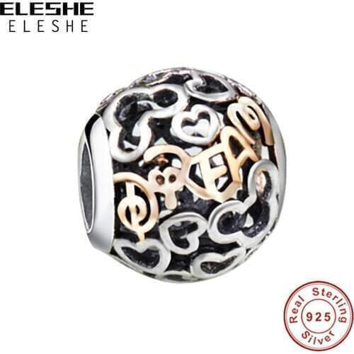 ELESHE 5PCS Wholesale S925 Sliver Fine Bead Heart Shape Round Charm Fit Original Bracelet & Necklace DIY Jewelry For Women Gift