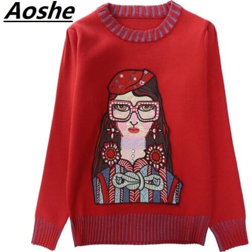 Aoshe New Pullover Sweater Women Chic Designer Sweet Lolita Cartoon Girl Embroidery Stripe O-neck Winter Knit Jumper