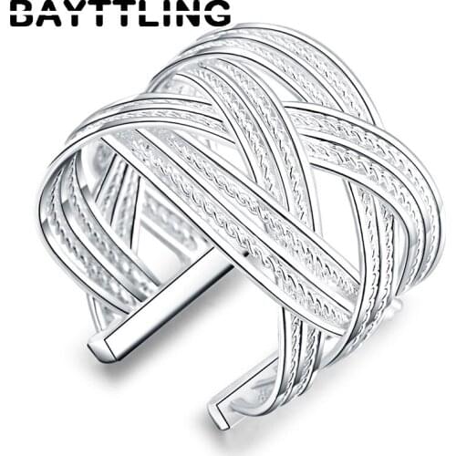 BAYTTLING 925 Sterling Silver Retro Woven Mesh Round Open Ring For Women Men Fashion Wedding Party Jewelry Gifts