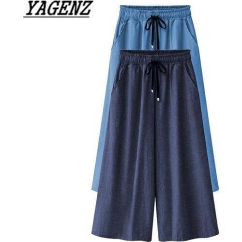 YAGENZ Large size Wide leg Denim pants Ladies Clothing M-6XL Summer Elastic waist Loose Trousers Casual Ankle-length Jeans pants