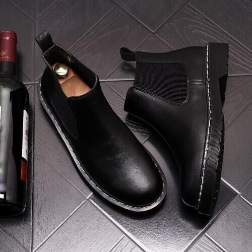 ERRFC New Arrival Mens Black Chelsea Boots Fashion Round Toe High Top Men Short Ankle Boots Shoes Trending Work Botas 38-44