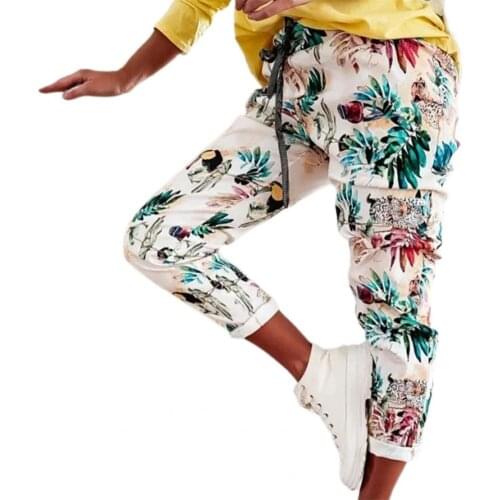 Fashion Slim Women Pants Summer Mid Rise Floral Print Drawstring Lace-up Long Trousers Office Women Pants