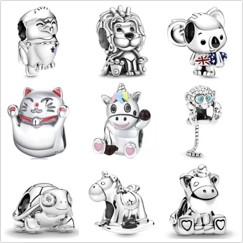 925 Sterling Silver Bead Charm Shiny Lion Unicorn Owl Fit Pandora Charm Silver 925 Original Bracelet DIY Jewelry For Women