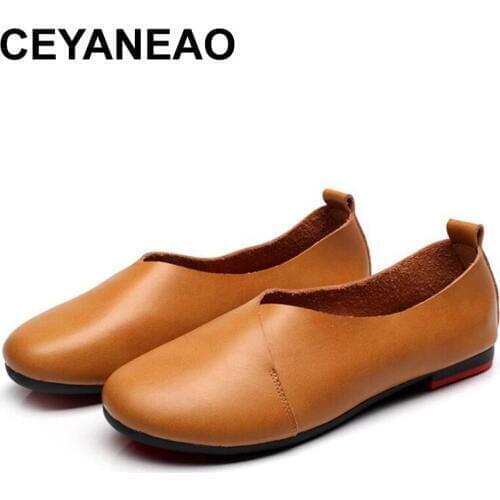 CEYANEAO New; handmade shoes made of genuine leather casual womensfashionable comfortable flat shoes for mom without a buckle