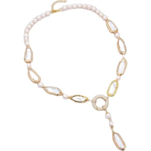 GG Jewelry Natural Freshwater Cultured White Biwa Pearl Rectangle Round Pearl Y-Drop Necklace 18.5" For Women Lady Gift