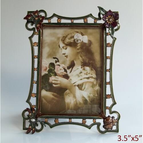 Classic Antique Brass Green Jeweled 3.5x5 inches Metal Picture Photo Frame with Removable Decor Ornaments