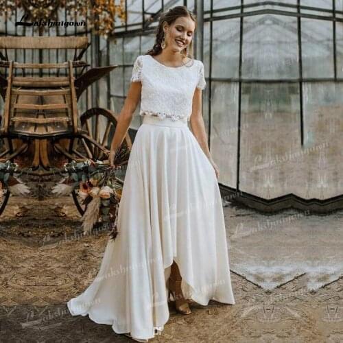 Two Pieces Wedding Dresses Lace Top Short Sleeve O-Neck Chiffon Floor-Length Sweep Train Beach Bridal Gowns Back Design Button