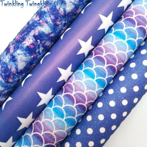 Blue Chunky Glitter Leather Polka Dots Stars Mermaid Printed Synthetic Faux Leather Sheets For Bows 21x29CM Twinkling Ming KM519