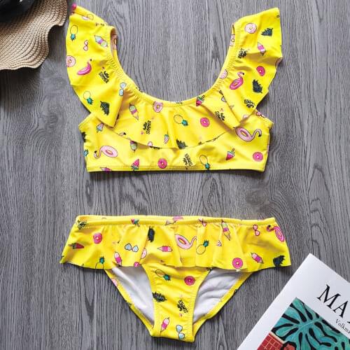 Cute Ruffle Girl Swimsuit Kids 4-14 Years Two Piece Childrens Swimwear Split Girl Bikini Set Print Girls Bathing Suit Beachwear