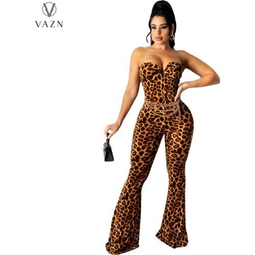 VAZN 2021 Spring New Fashion Women Sexy Club Party Style Jumpsuits Sleeveless Strapless Leopard Grain Jumpsuits Long Pants