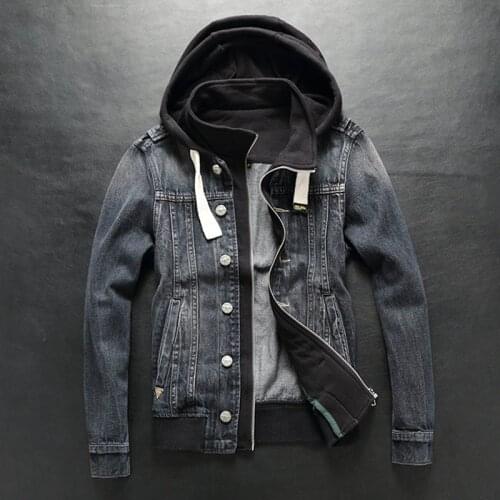 Fall and winter hooded cowboy coat for men slimming two-piece suit trend patchwork hoodie jacket thickened student jacket