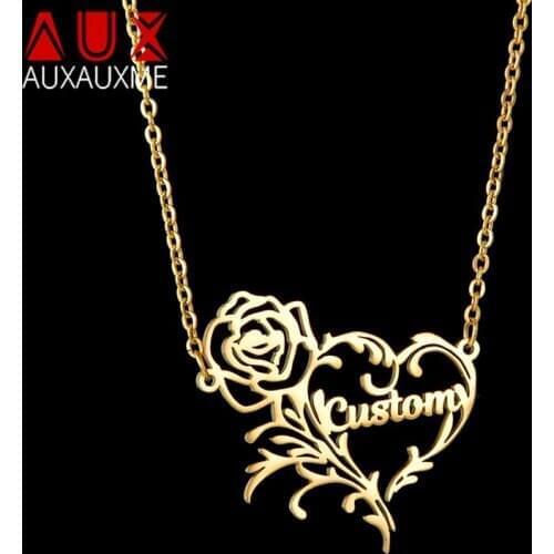 Auxauxme Stainless Steel Personlized Name Necklace Golden Rose Flower Heart Women Wedding Necklace Custom Jewelry for Girlfriend