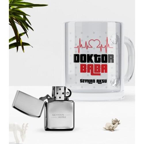 Personalized Doctor Father Glass Mug Cup Gasoline Metal Lighter Seti-2