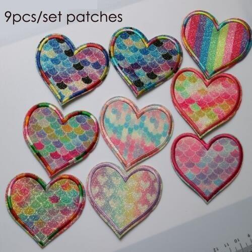 9pcs/set colorful bling heart embroidery Patches for clothing DIY colorful iron on parches applique for clothes