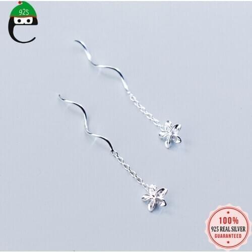 ElfoPlataSi 100% 925 Real Sterling Silver Stud Earrings Little Flower 3.4cm Linked Drop Stick Girls Friends Gift XY864