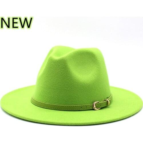 Autumn Winter Fedoras Big Brim Hats For Women Green Woolen Hat Mens British Vintage Church Hat Lady Flat Brim White Jazz Cap