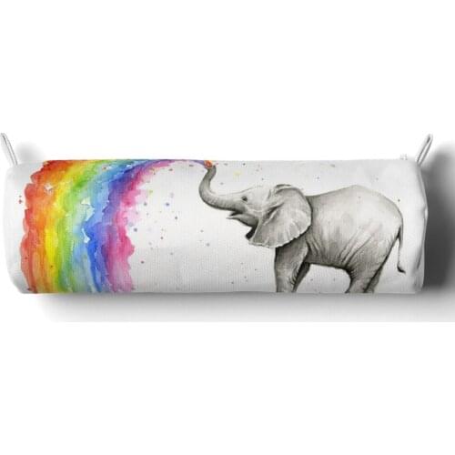 Spraying Rainbow Water Elephant Pattern Students Pencil Bag Fabric Cotton Stationery Pouch with Smooth Zipper Animal Makeup Bag