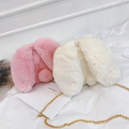 Lovely Rabbit Ear Messenger Sling Bag Women Plush Soft Solid Color Chain Shoulder Handbag Autumn Winter Fashion Crossbody Bags