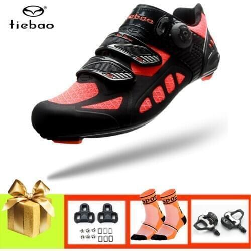 TIEBAO carbon fiber road cycling sneakers breathable ultralight men women cycling shoes pedals professional riding bicycle shoes