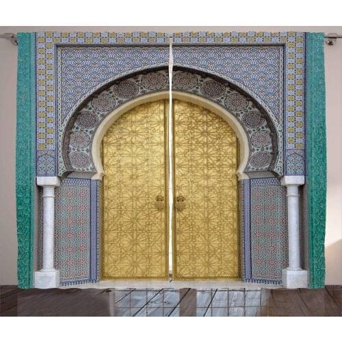 Moroccan Curtains Antique Doors Morocco Yellow Doorknob Ornamental Carved Intricate Living Room Bedroom Window Drapes Gold Teal