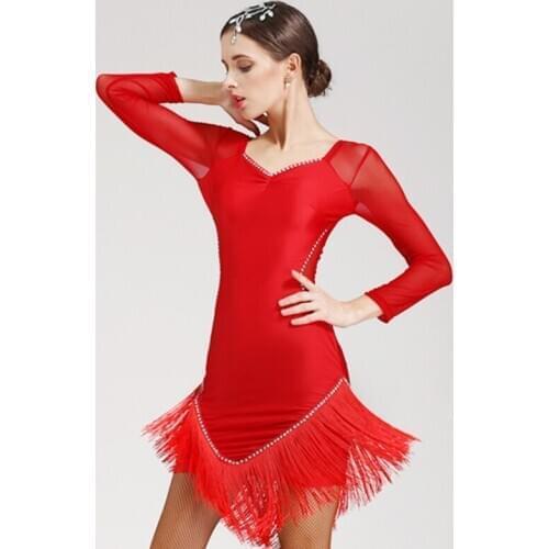 New Latin Dance Costumes For Women Adult Long Sleeve Fringe Practice Clothing Ballroom Dance Competition Stage Dress DQL3352